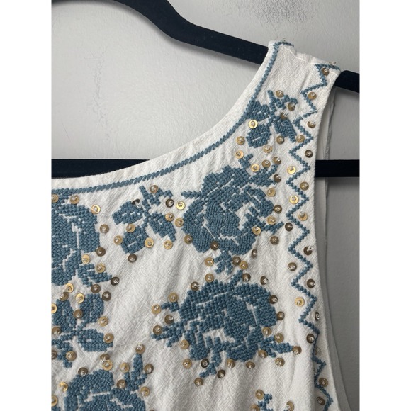 Free People Samson Embroidered Beaded Mini Dress In Ivory/Blue Low Back Cotton - Picture 6 of 12